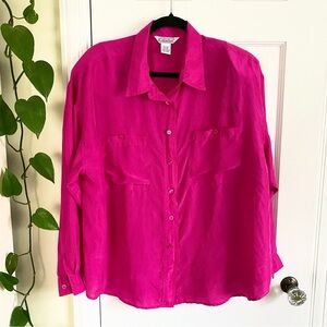 80s Vintage Gallagher Hot Pink Silk Blouse, Women’s Size XLarge, Retro Party